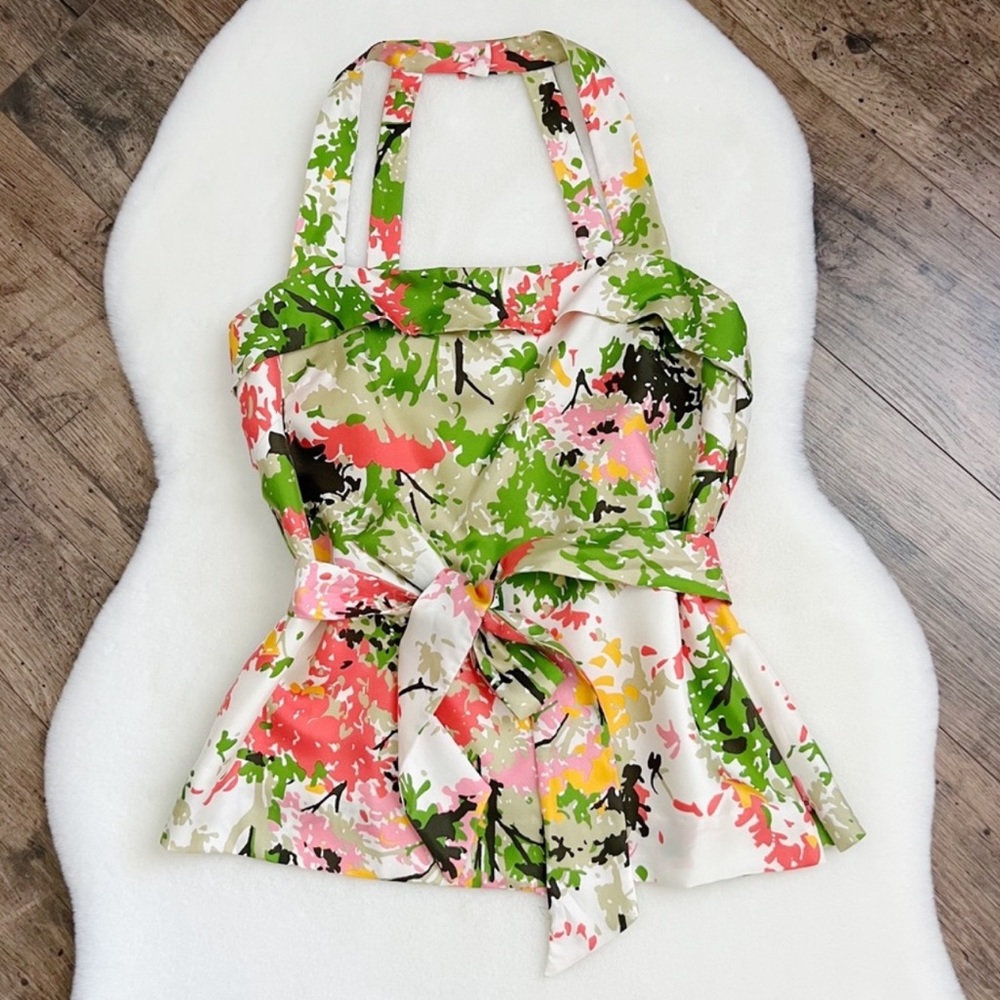 Milly of New York Floral Silk Belted Halter Top Blouse Size 6